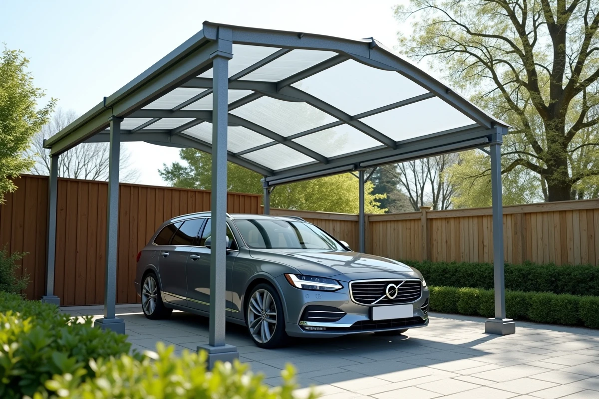 Abri voiture en acier galvanisé avec toit en polycarbonate installé devant une maison individuelle