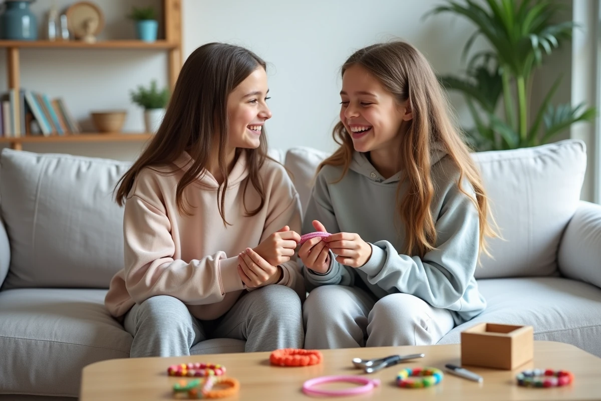 Deux adolescentes échangeant des bracelets d'amitié faits main lors d'un après-midi créatif DIY