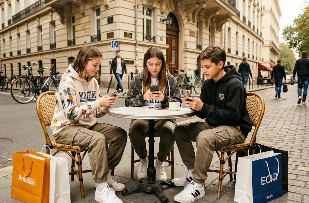Groupe de adolescents français consultant des applications de fast fashion sur leurs smartphones en terrasse à Paris, entourés de sacs de shopping