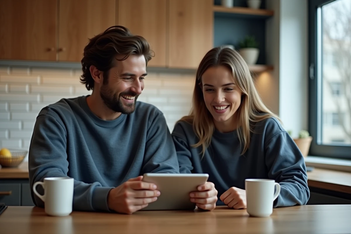 Deux amis regardant les qualifications de Formule 1 sur tablette dans une cuisine moderne