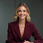 Animatrice télévision élégante en blazer bordeaux et collier doré dans un studio de télévision