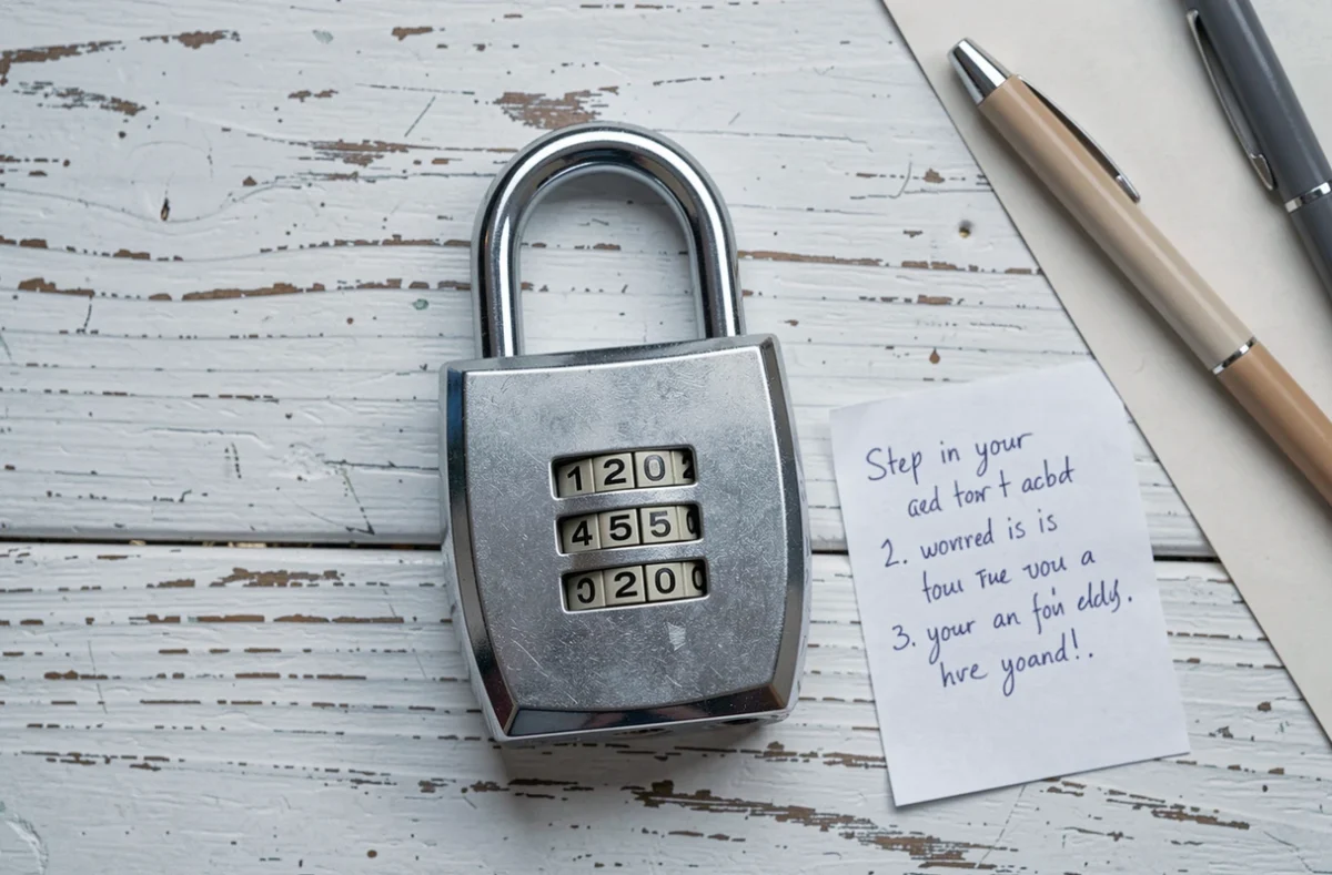 Vue de dessus d'un cadenas à 3 chiffres posé sur une table en bois avec une note manuscrite expliquant les étapes de changement de code