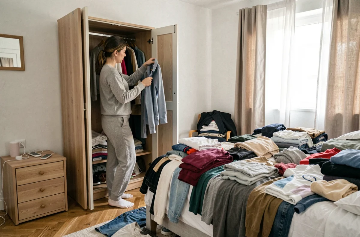 Femme française dans sa chambre envahie par des vêtements de fast fashion empilés sur le lit et le sol, illustrant la surconsommation vestimentaire