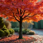 Érable du Japon en automne avec feuilles rouges tombées sur le sol d'un jardin