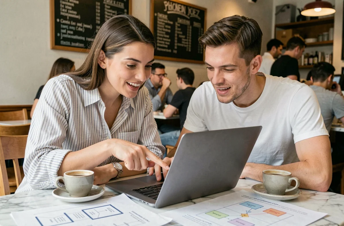 Deux personnes collaborant pour apprendre à coder un site internet ensemble dans un café, entourées de wireframes imprimés et d'un ordinateur portable ouvert
