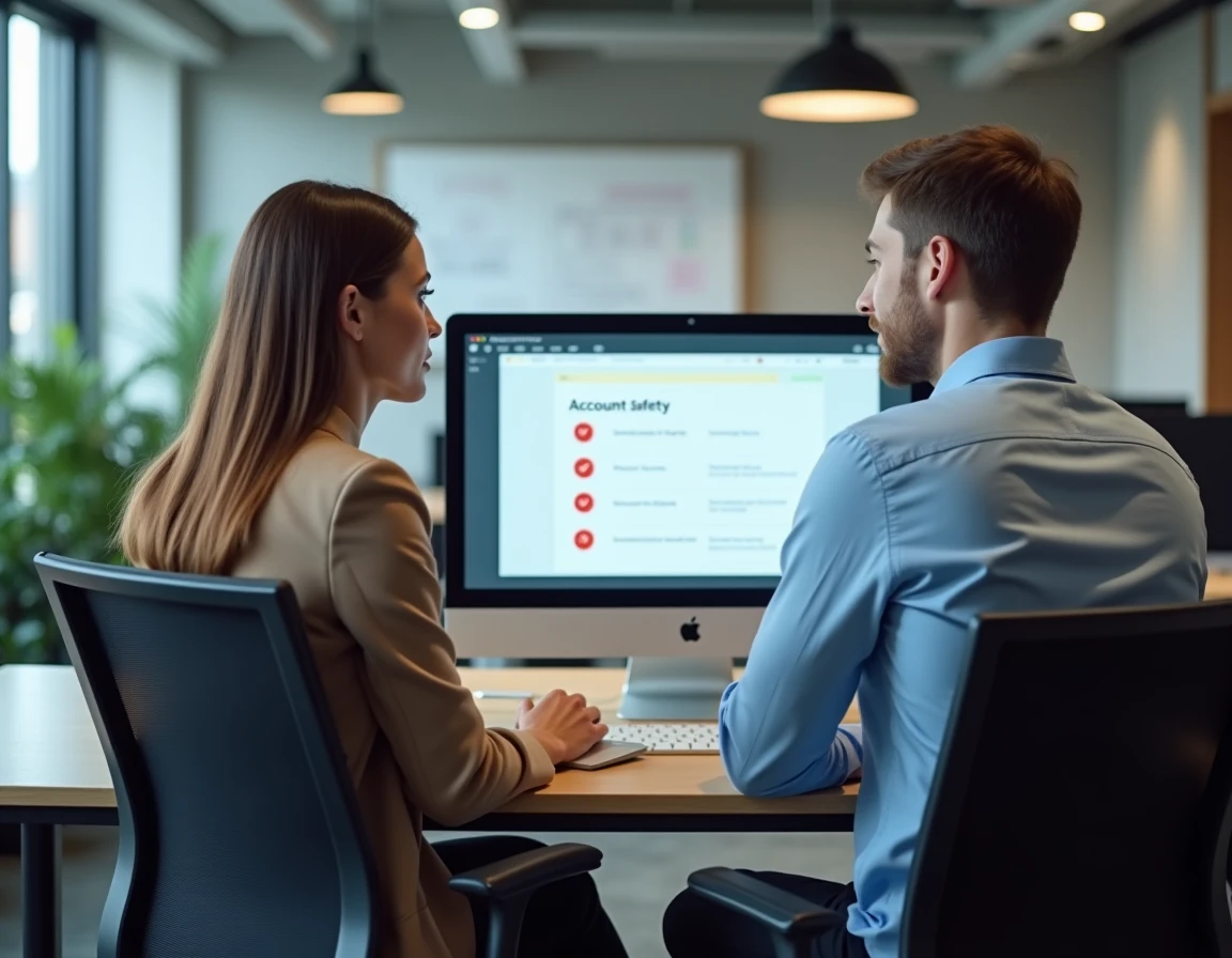 Deux collègues analysant ensemble les précautions à prendre avant de se connecter sur un nouveau site en ligne au bureau
