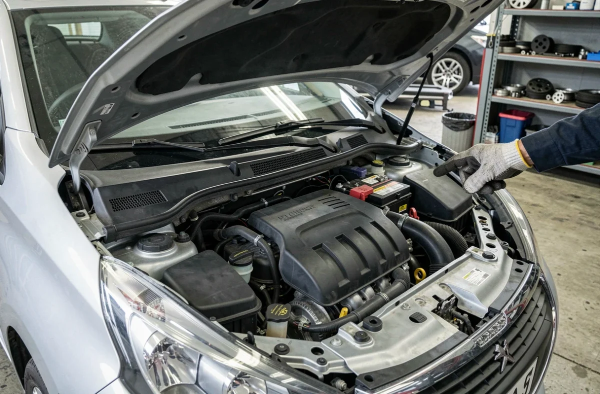 Vue détaillée du compartiment moteur d'une Peugeot 208 ouverte dans un atelier de réparation automobile