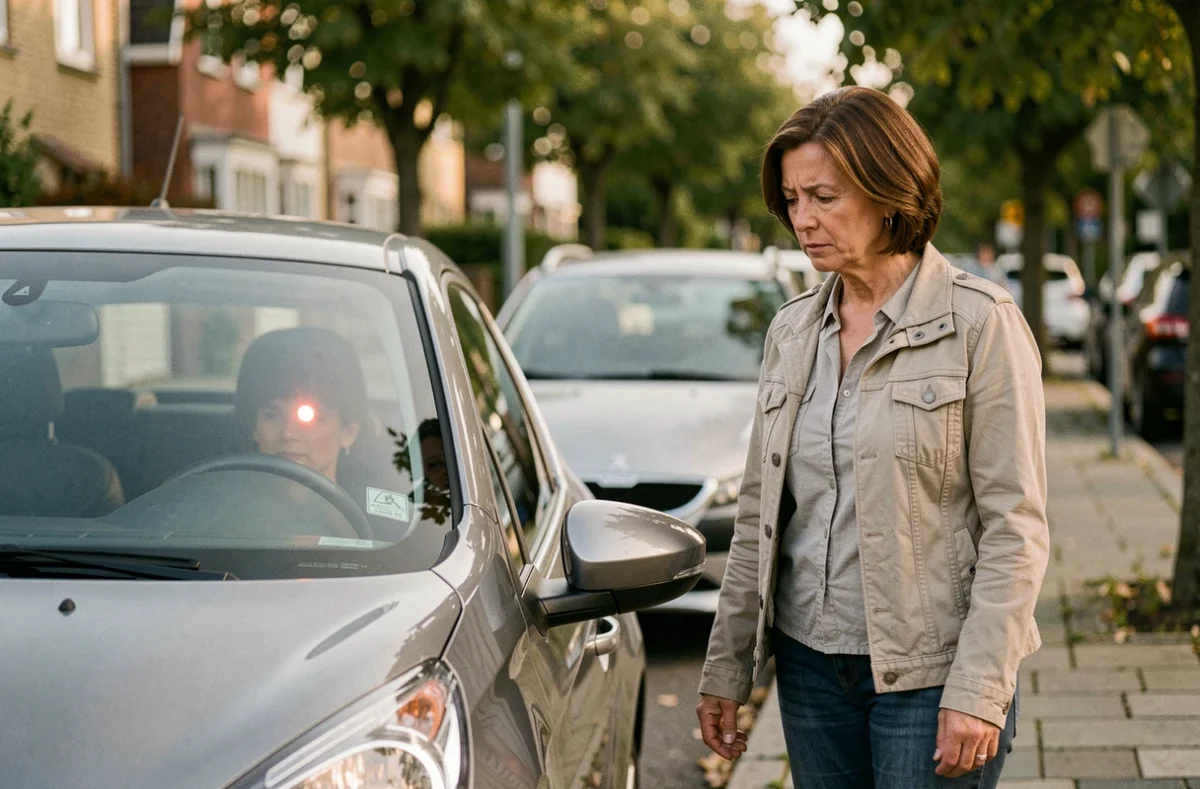 Conductrice observant un voyant d'alerte allumé sur le tableau de bord de sa Peugeot 208 grise