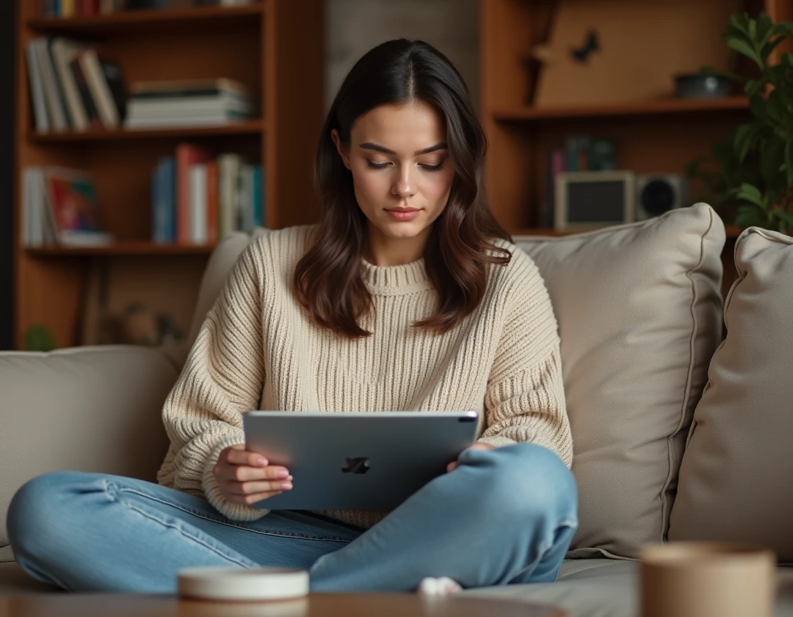Jeune femme consultant un fichier PDF converti depuis Pages sur un iPad dans un salon confortable