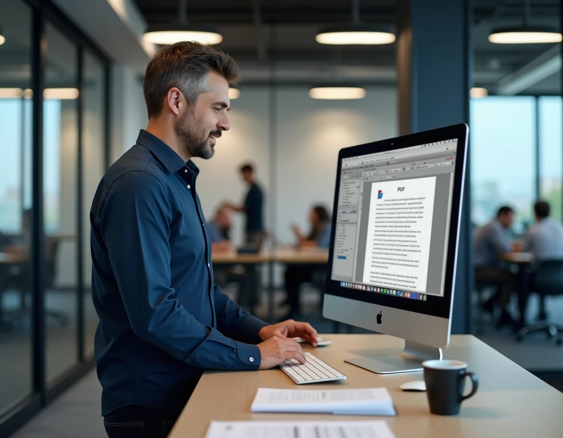 Homme en bureau professionnel visualisant un fichier PDF converti depuis Pages sur un iMac