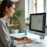 Femme utilisant un MacBook pour convertir un fichier Pages en PDF depuis son bureau à domicile