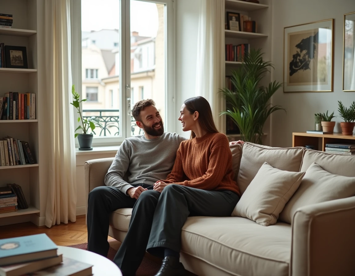 Couple détendu riant ensemble dans un appartement parisien au style chaleureux et contemporain