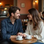 Couple complice attablé dans un bistrot parisien, partageant un moment intime autour d'un café