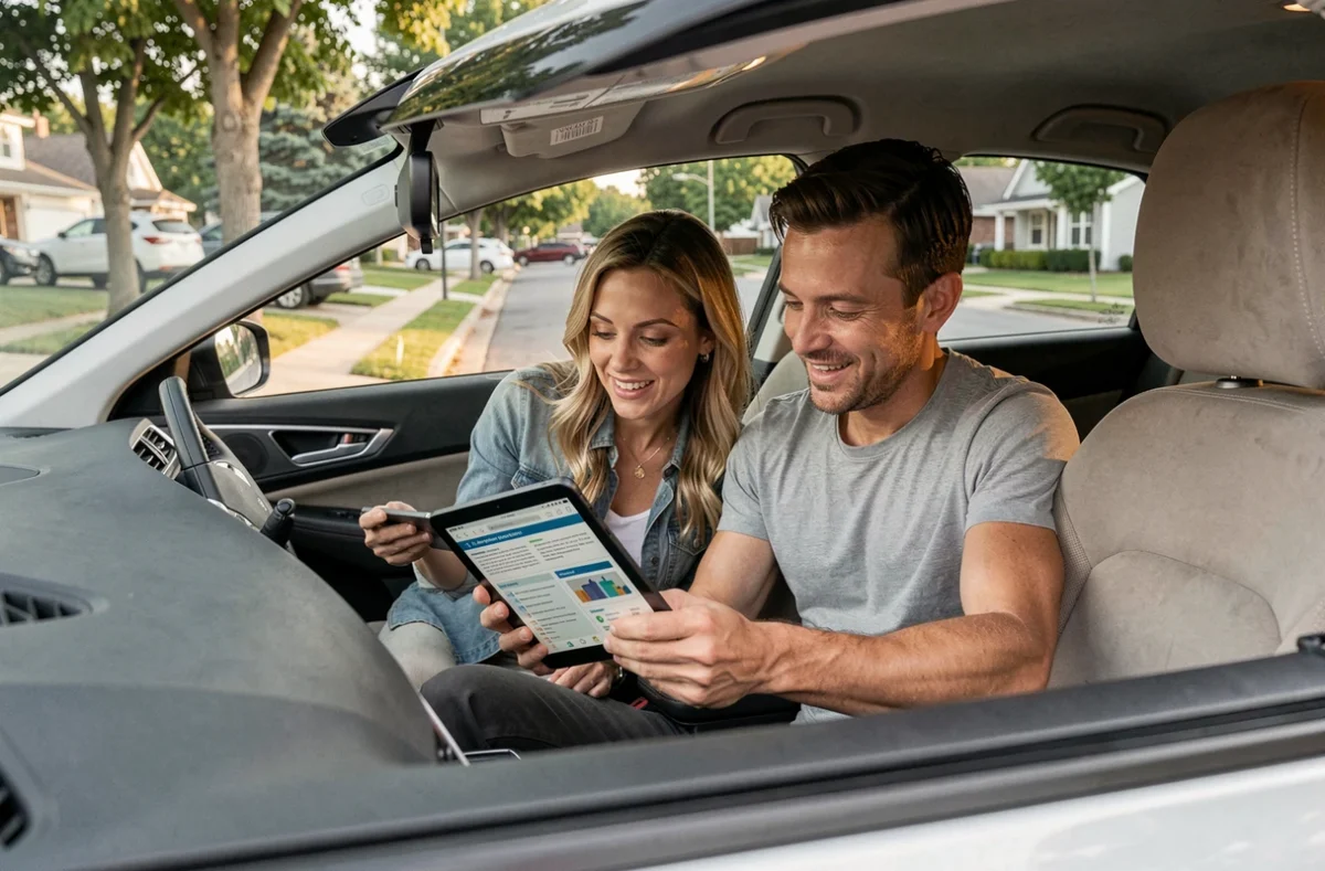 Couple comparant des offres de voitures sur une tablette lors d'un essai routier pour choisir le meilleur véhicule