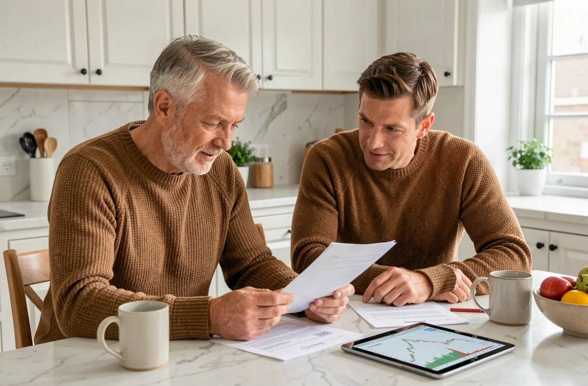 Couple dans la quarantaine étudiant des documents d'investissement et un portefeuille boursier sur tablette dans une cuisine moderne de style scandinave
