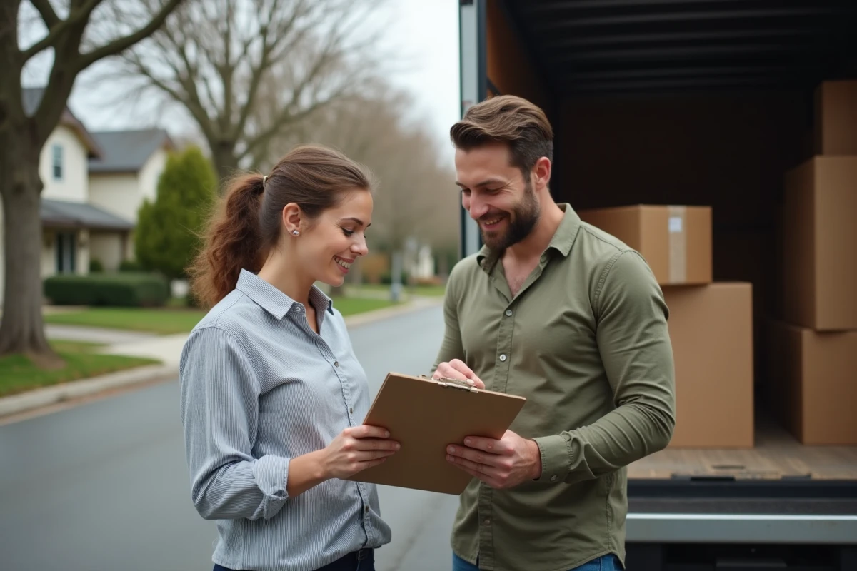 Couple vérifiant une liste de contrôle devant un camion de déménagement dans une rue résidentielle