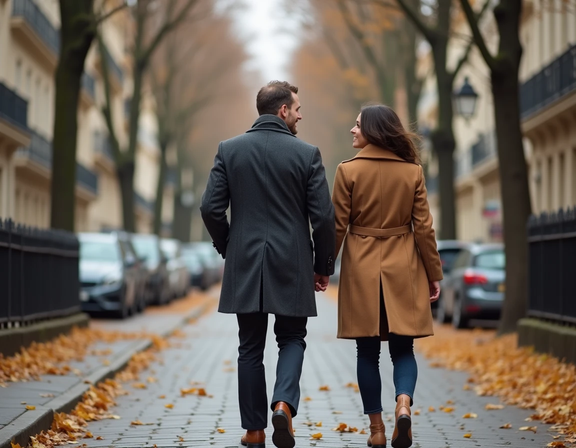 Couple élégant se promenant sur un boulevard parisien en automne parmi les feuilles dorées