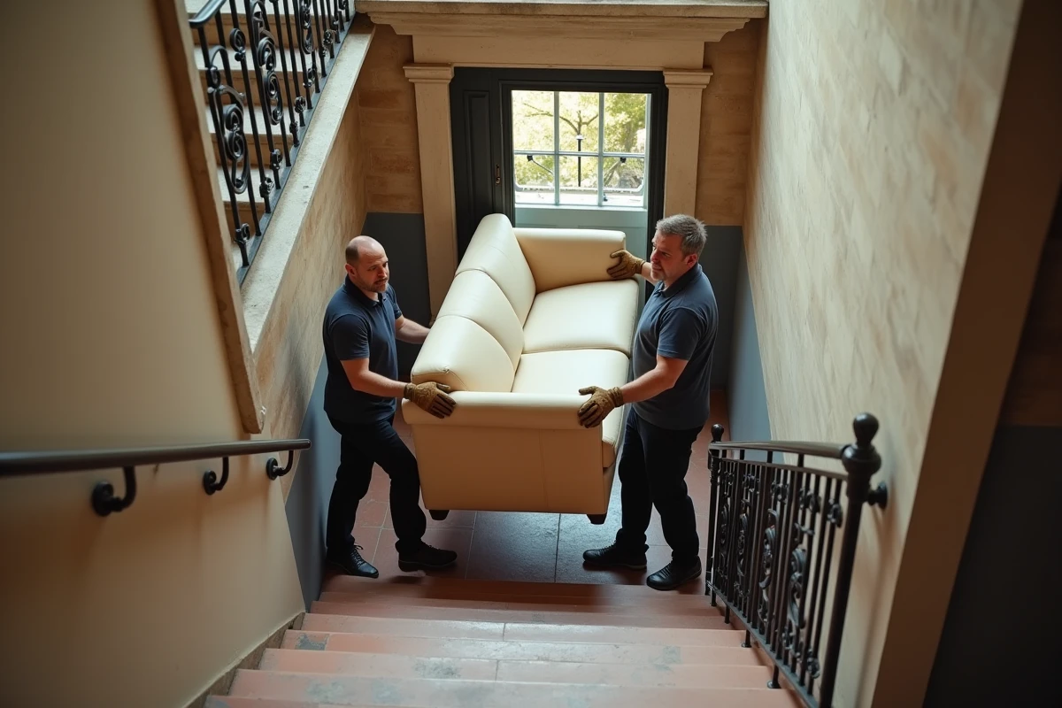 Deux déménageurs portant un canapé dans l'escalier d'un immeuble parisien