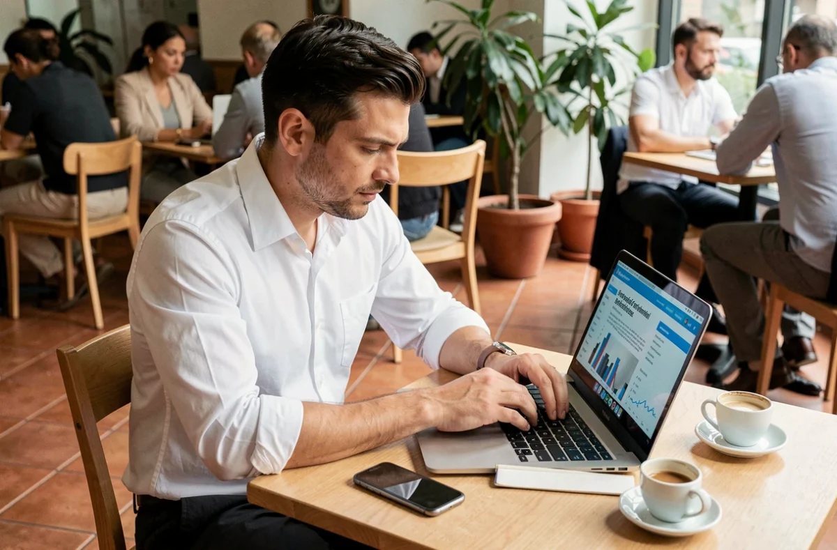 Entrepreneur lisant les dernières actualités business sur son ordinateur portable dans un café urbain tendance