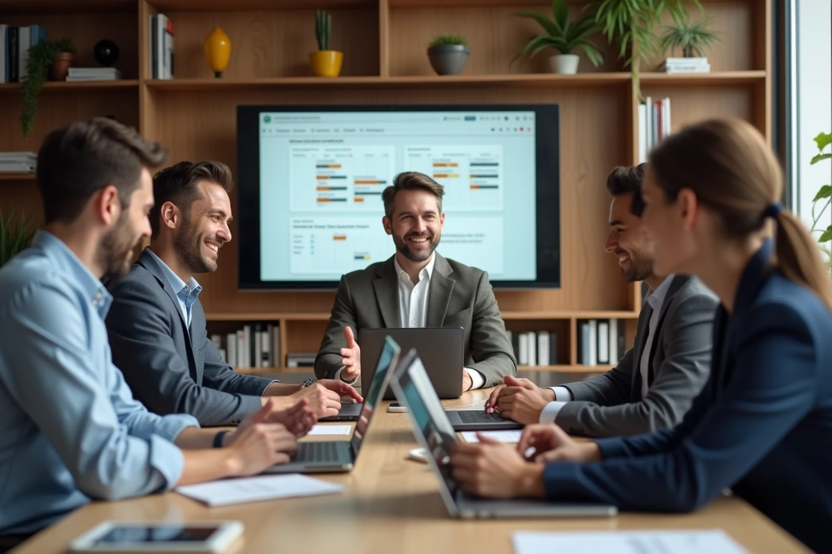 Groupe de professionnels en réunion autour d'une table moderne