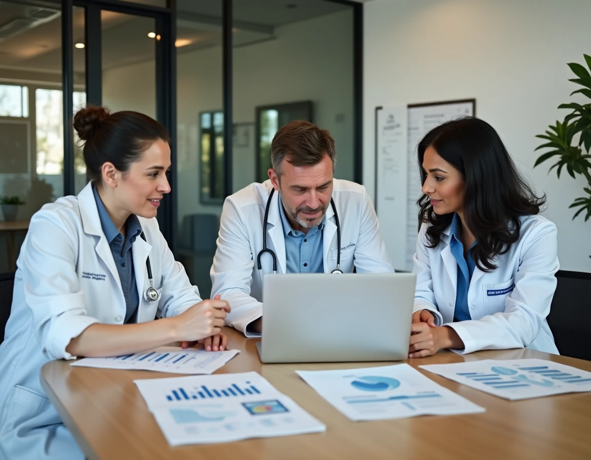 Équipe médicale analysant les performances d'un site spécialisé en santé lors d'une réunion de stratégie
