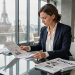 Femme d'affaires française analysant des graphiques financiers dans un bureau moderne à Paris avec vue sur la Tour Eiffel