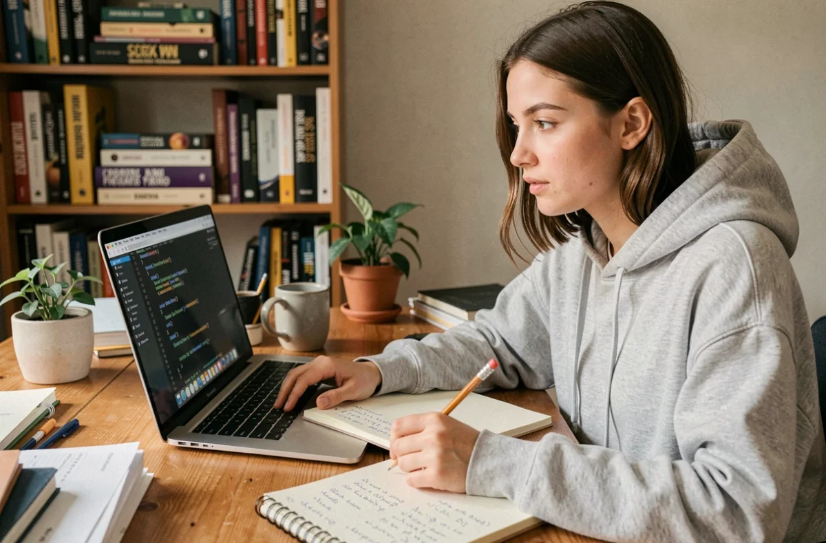 Jeune femme apprenant à coder un site internet sur son ordinateur portable dans un bureau à domicile, avec des notes manuscrites et des livres de programmation en arrière-plan