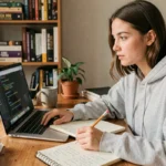 Jeune femme apprenant à coder un site internet sur son ordinateur portable dans un bureau à domicile, avec des notes manuscrites et des livres de programmation en arrière-plan