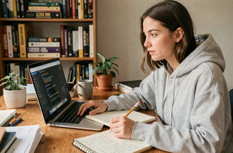 Jeune femme apprenant à coder un site internet sur son ordinateur portable dans un bureau à domicile, avec des notes manuscrites et des livres de programmation en arrière-plan