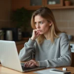 Femme lisant des avis en ligne sur un complément alimentaire Puissance 1000 sur son ordinateur portable dans une cuisine chaleureuse
