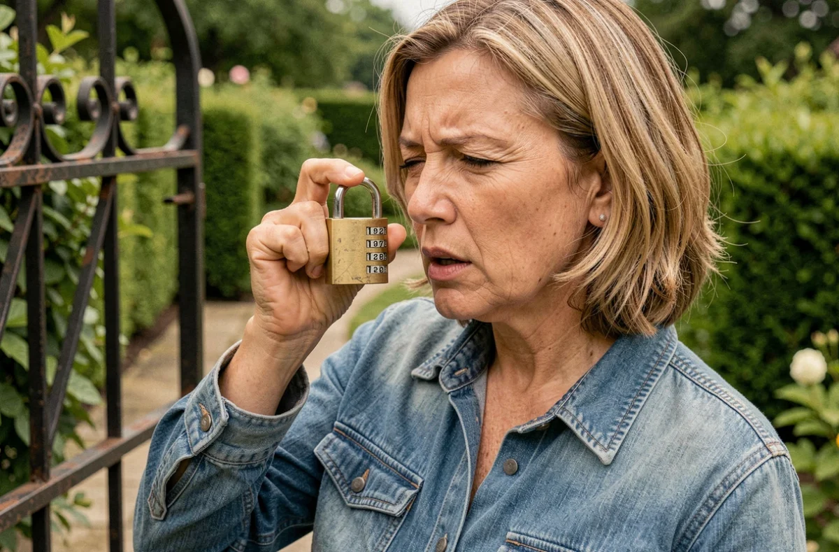 Femme adulte inspectant les chiffres d'un cadenas à combinaison devant un portail de jardin en fer forgé