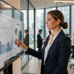 Femme cadre en blazer marine analysant des tendances business sur un écran tactile dans un bureau moderne avec vue sur la ville