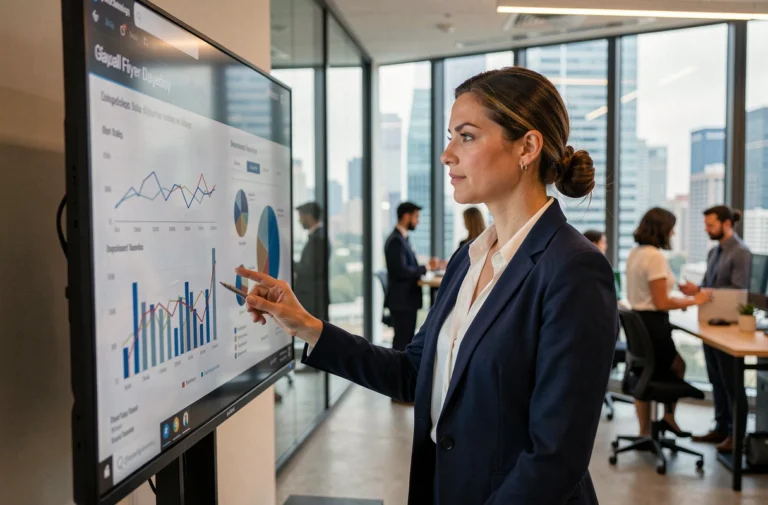 Femme cadre en blazer marine analysant des tendances business sur un écran tactile dans un bureau moderne avec vue sur la ville