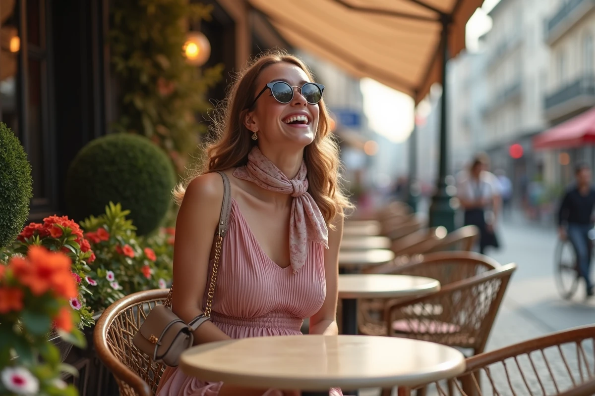 Jeune femme riant au café terrasse avec robe plissée