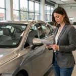 Femme examinant une berline moderne dans une concession automobile spacieuse pour choisir la meilleure voiture