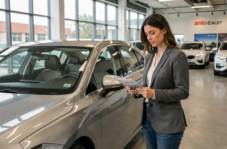Femme examinant une berline moderne dans une concession automobile spacieuse pour choisir la meilleure voiture