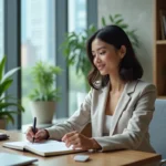 Femme confiante en bureau moderne avec plantes vertes