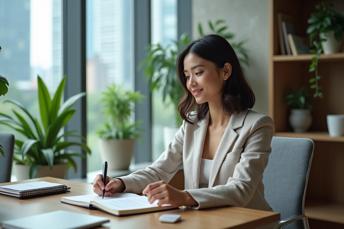 Femme confiante en bureau moderne avec plantes vertes