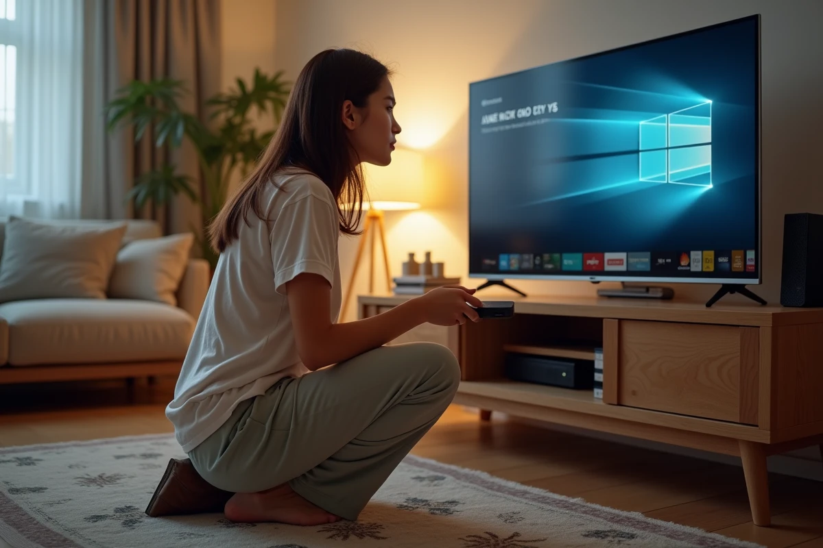 Femme connectant un appareil streaming à la TV
