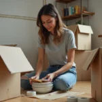 Femme emballant des objets fragiles dans des cartons lors d'un déménagement organisé