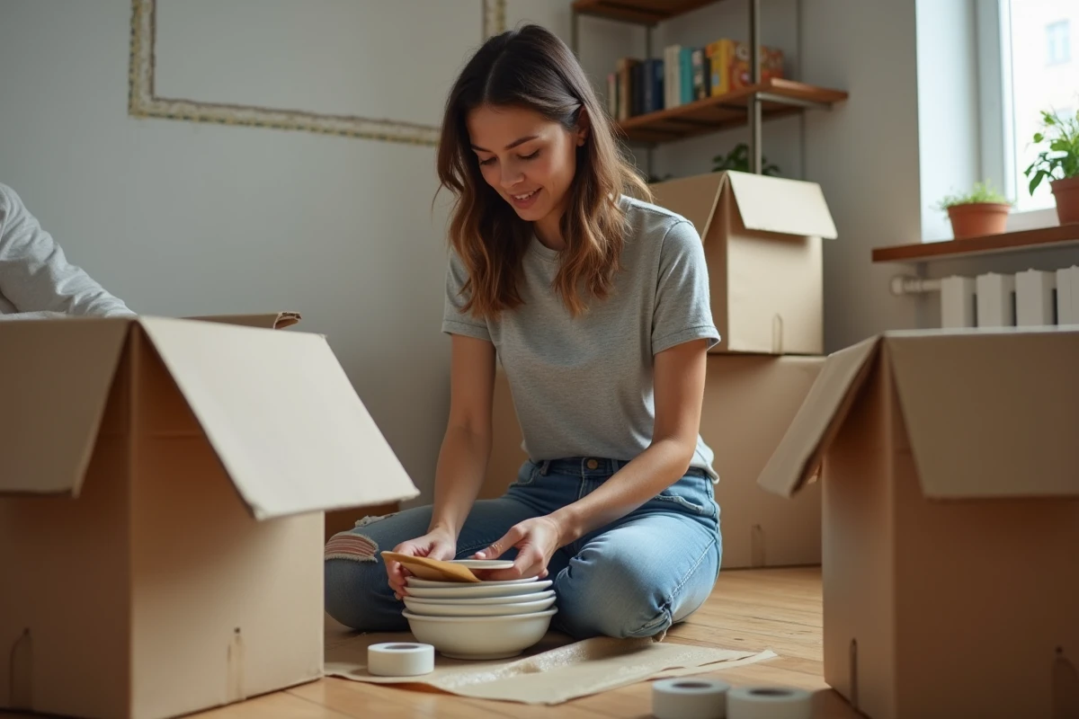 Femme emballant des objets fragiles dans des cartons lors d'un déménagement organisé