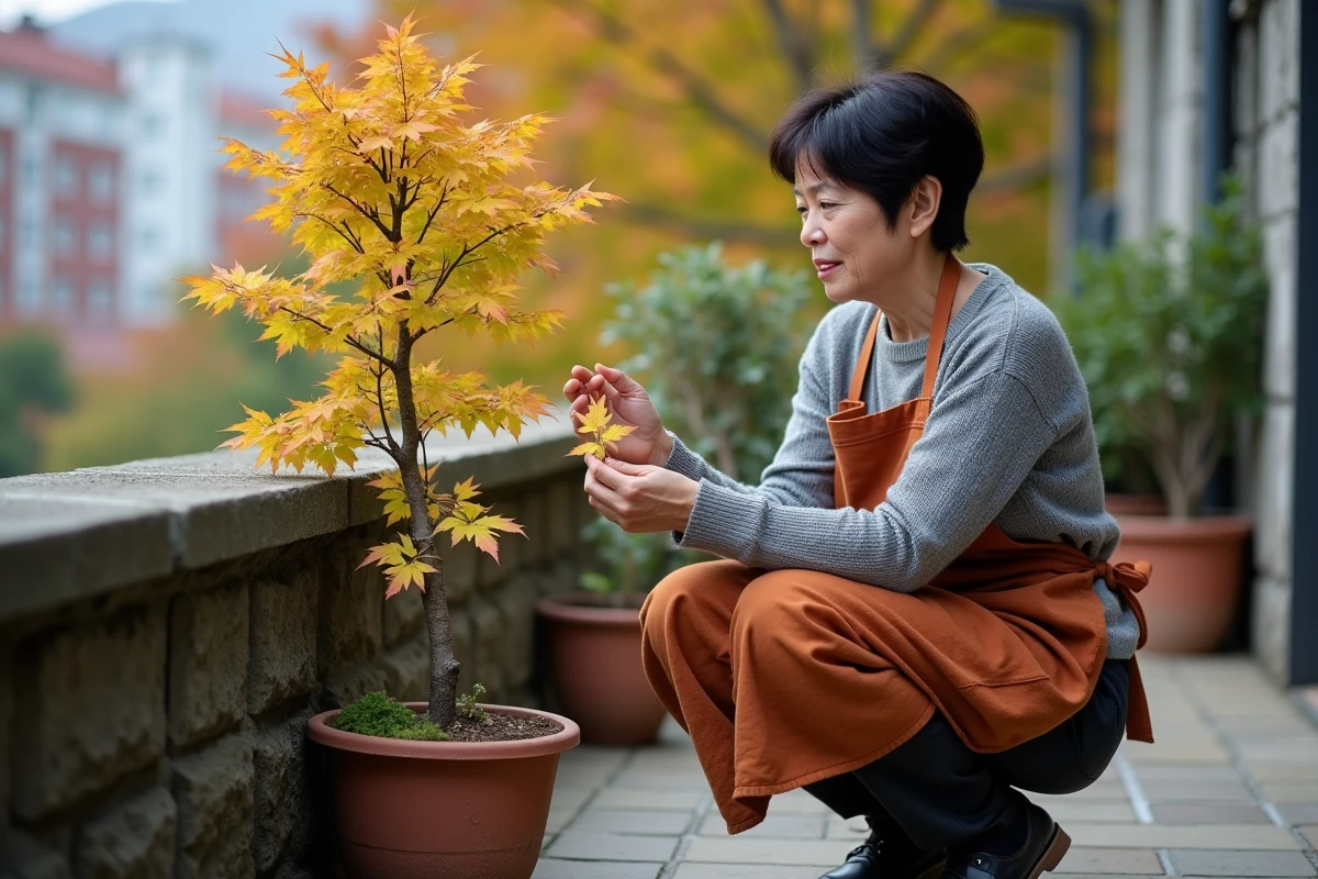 Femme examinant les feuilles qui tombent d'un érable du Japon en pot sur un balcon urbain