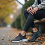 Femme en parkour essayant deux chaussures de sport
