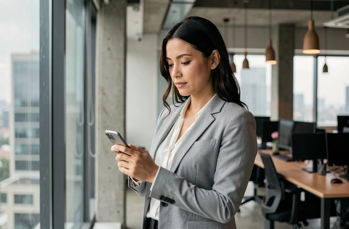 Femme professionnelle consultant une application d'investissement financier sur smartphone dans un espace de co-working moderne