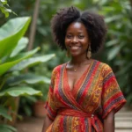 Femme malgache en lamba dans un jardin tropical