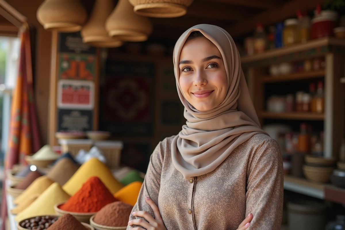 Jeune femme moyen-orientale dans un marché coloré