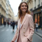 Femme élégante dans la rue parisienne avec blazer pastel