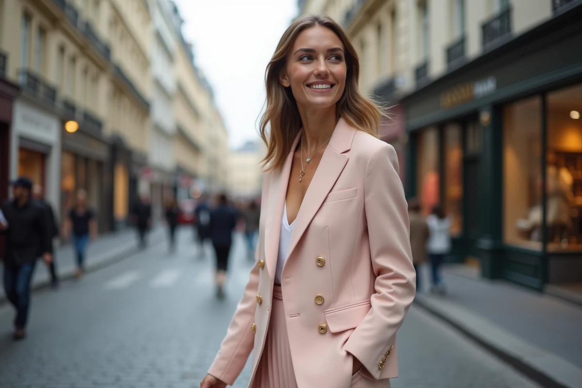 Femme élégante dans la rue parisienne avec blazer pastel
