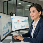 Femme professionnelle analysant des tableaux de bord analytiques pour optimiser la croissance d'une entreprise en ligne