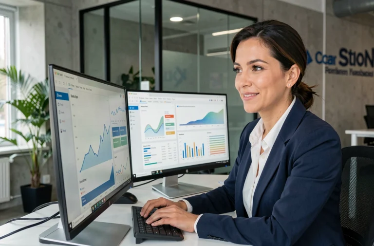 Femme professionnelle analysant des tableaux de bord analytiques pour optimiser la croissance d'une entreprise en ligne